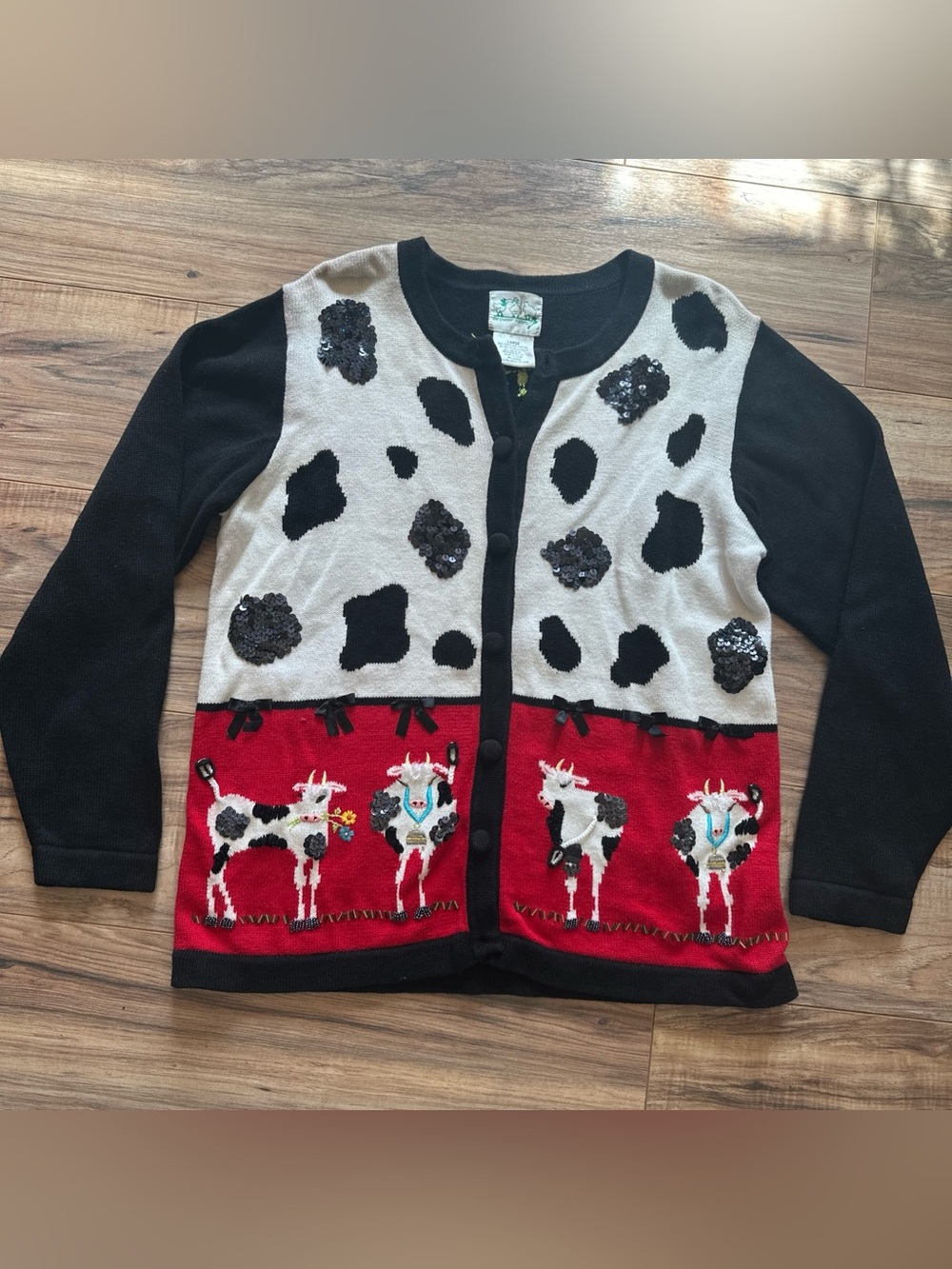 Quacker Factory Sz Large COWS Farm Art-to-Wear Vintage Cardigan Sweater Sequins